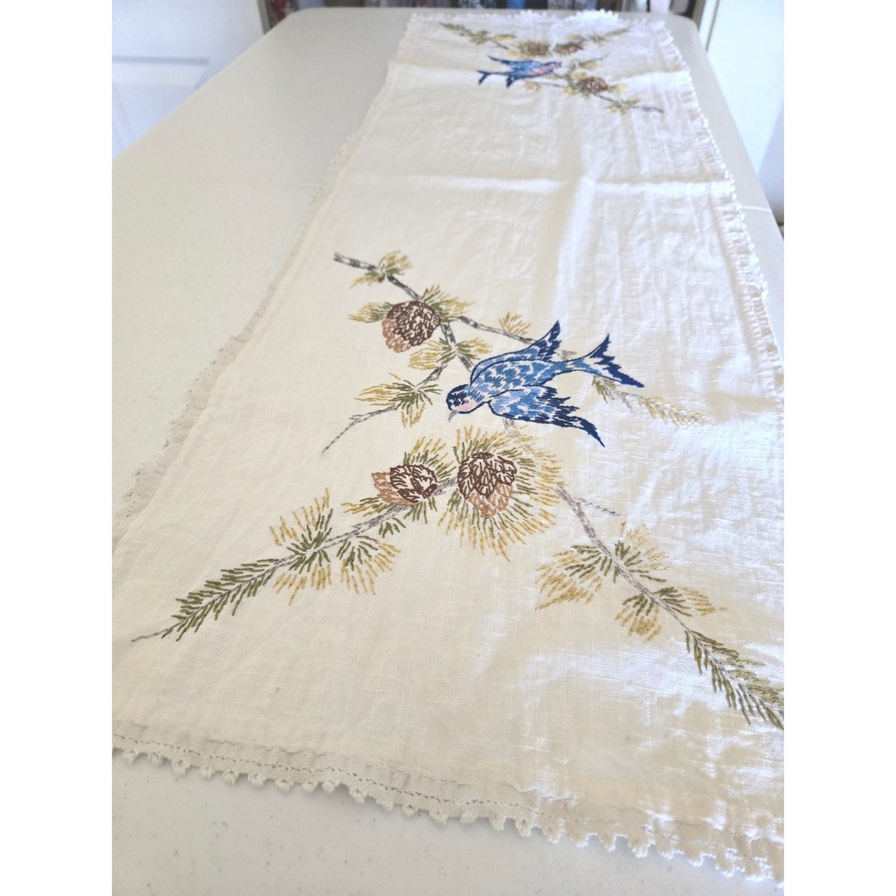 Vintage Hand Embroidered Table Runner Blue Bird Pinecone Lace 13x40 White